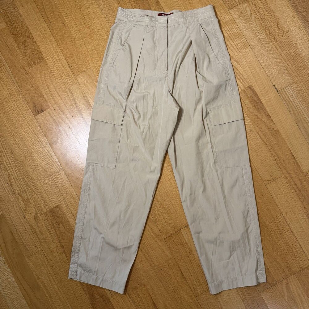 Max Mara Studio Pleated Cargo Pants Beige US 4 Cotton Lightweight Designer Luxe